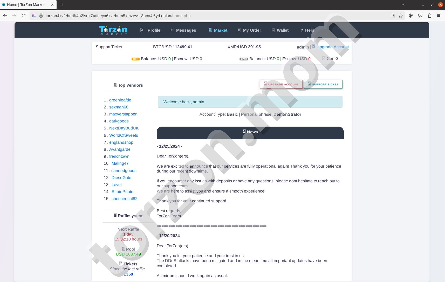Torzon Darknet Market Home Dashboard - Official Interface